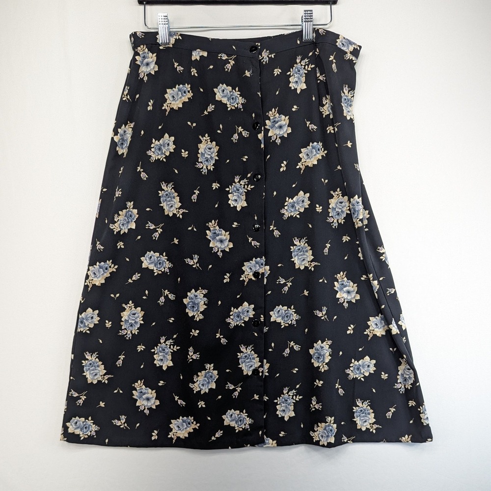 Kathie Lee Collection Vintage Floral Midi Skirt Black Blue Button Front Size 14